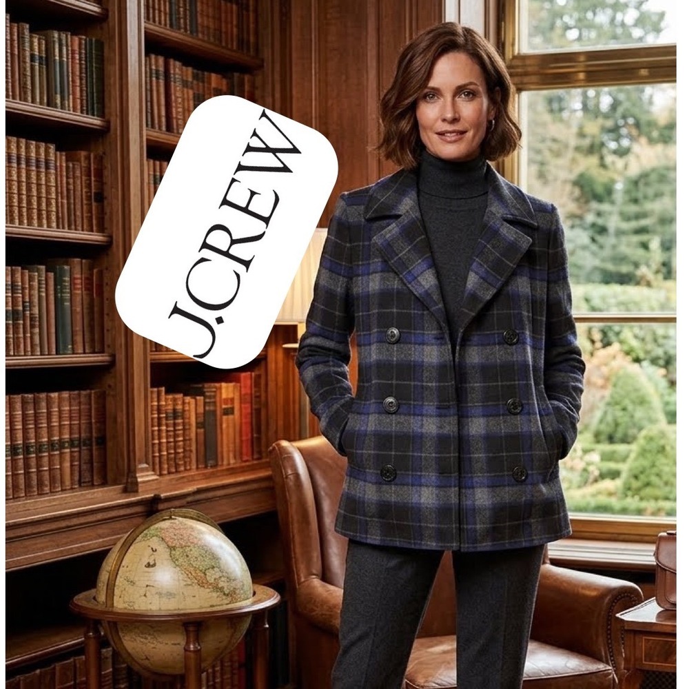 J.Crew Blue Grey Plaid‎ Wool Blend Pea Coat Jacket E2645 Size 8 Dark Academia